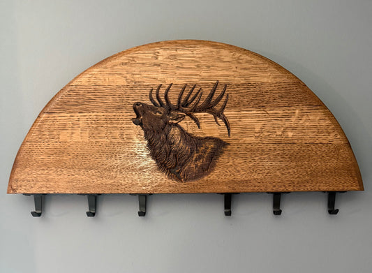 Elk Bugling Keyholder on Half Bourbon Barrel Head