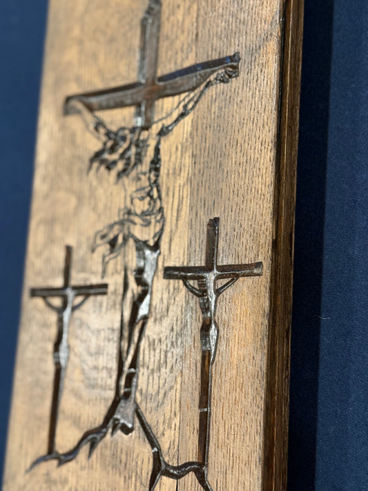 closer image of Crucifixion with two thieves on 1/4 Bourbon Barrel Head