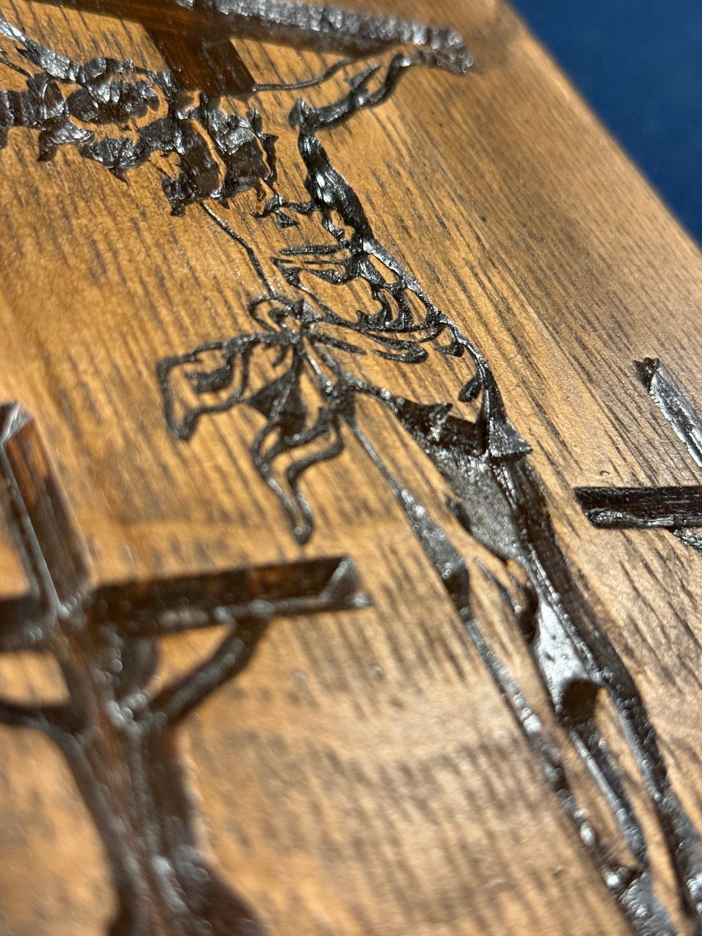 Closest image of Crucifixion with two thieves on 1/4 Bourbon Barrel Head