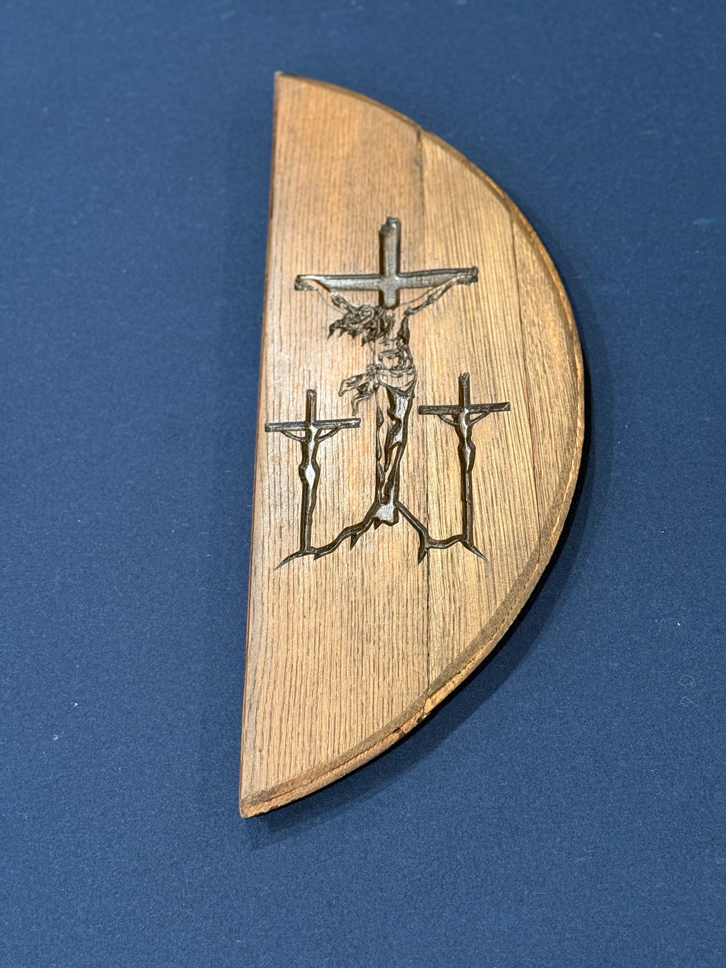 Crucifixion with two thieves on 1/2 Bourbon Barrel Head
