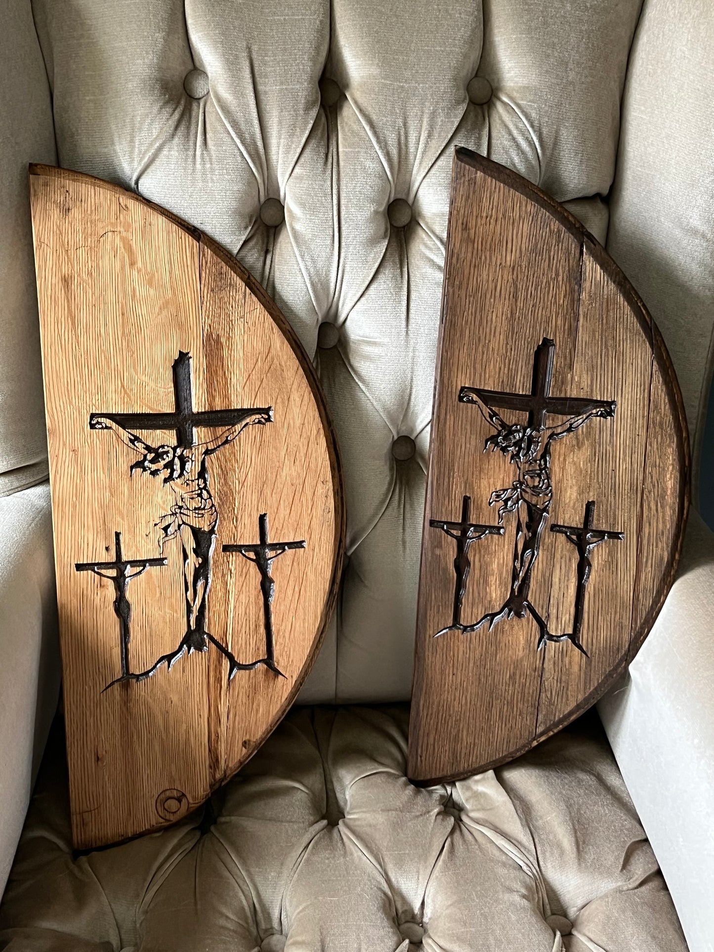 Crucifixion with two thieves on 1/2 Bourbon Barrel Heads