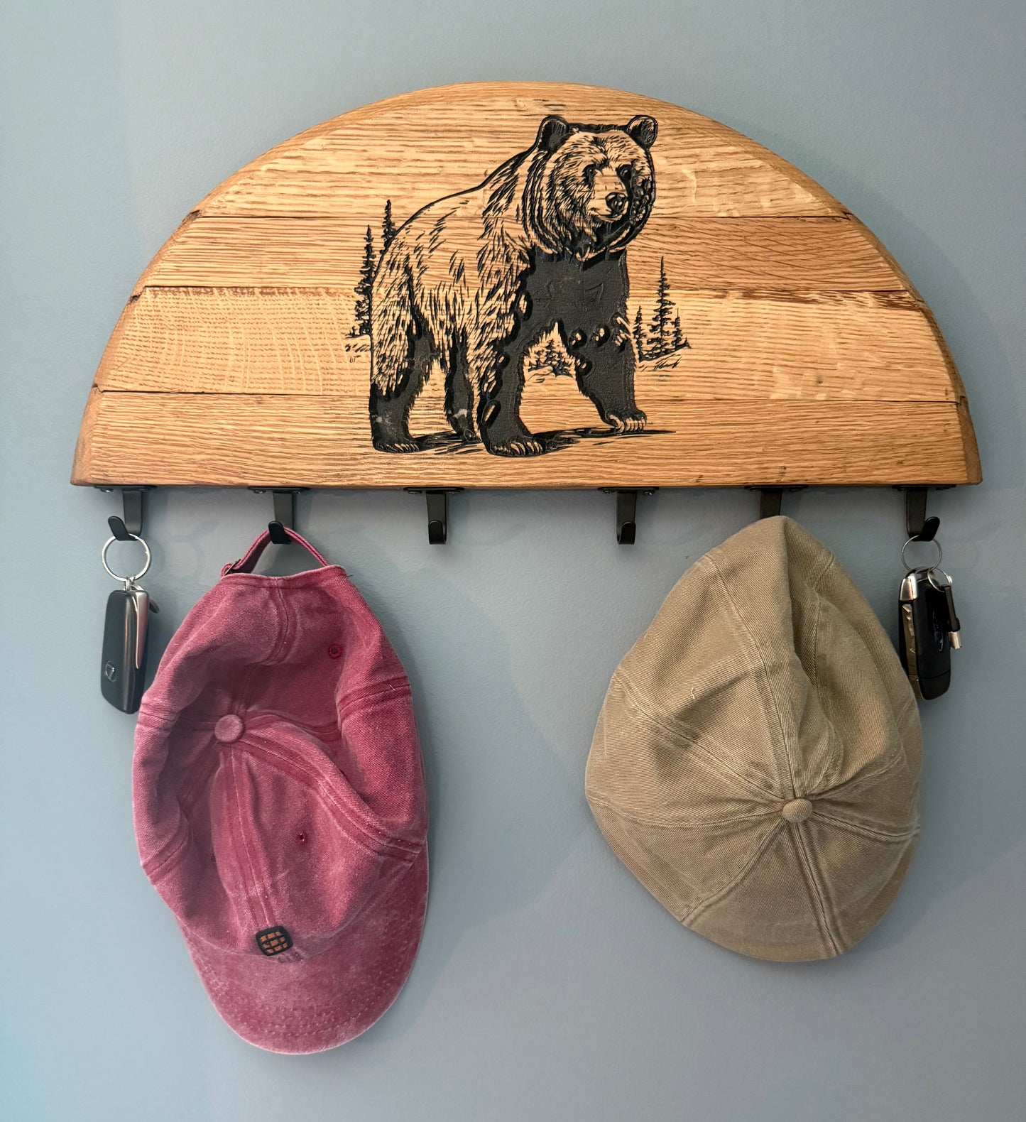 Bear Keyholder on Half Bourbon Barrel Head
