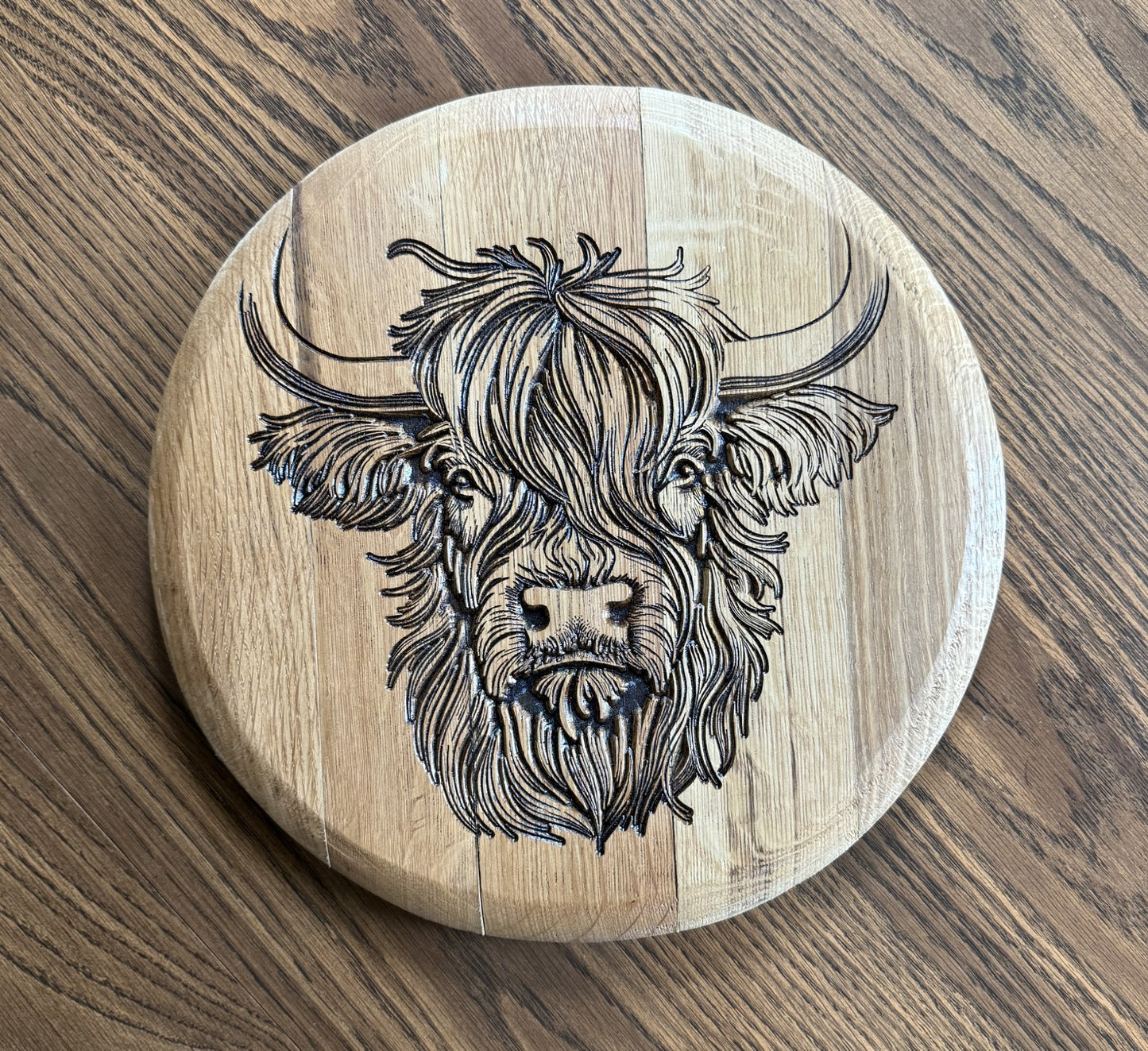Highland cow on 13.5" Diameter Bourbon Barrel head
