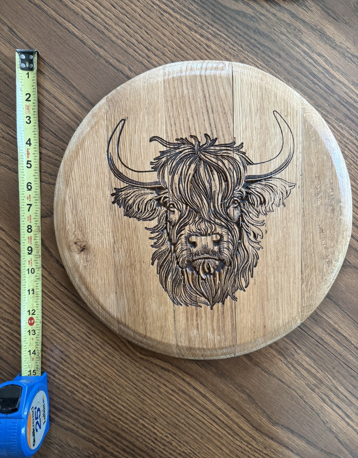Highland cow on 13.5" Diameter Bourbon Barrel head