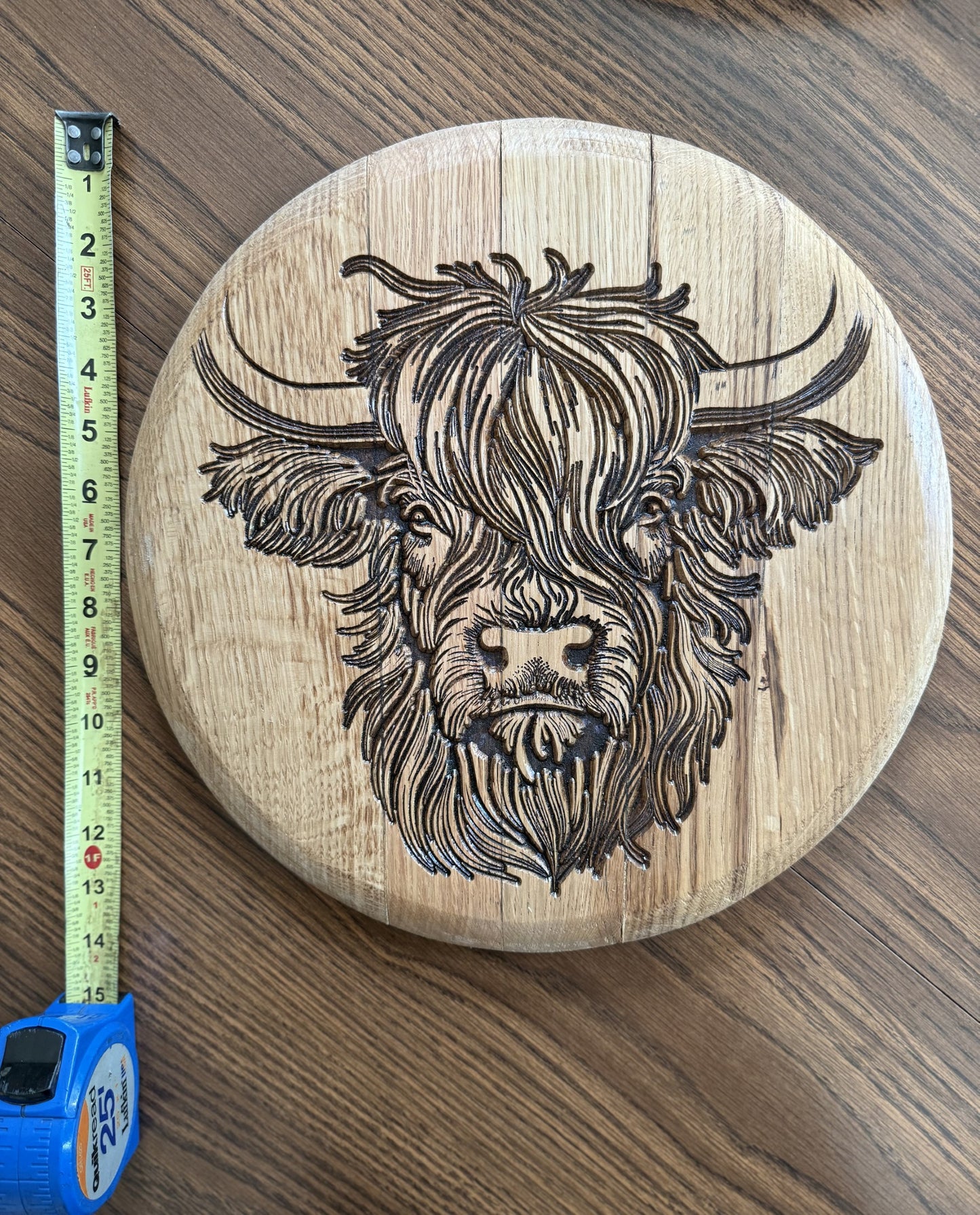 Highland cow on 13.5" Diameter Bourbon Barrel head