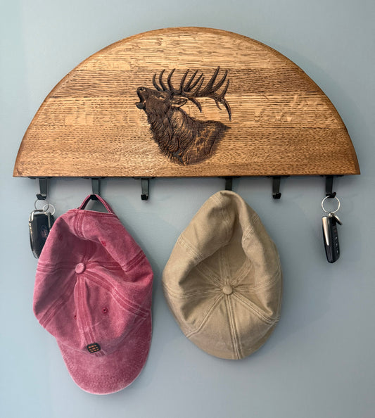 Elk Bugling Keyholder on Half Bourbon Barrel Head