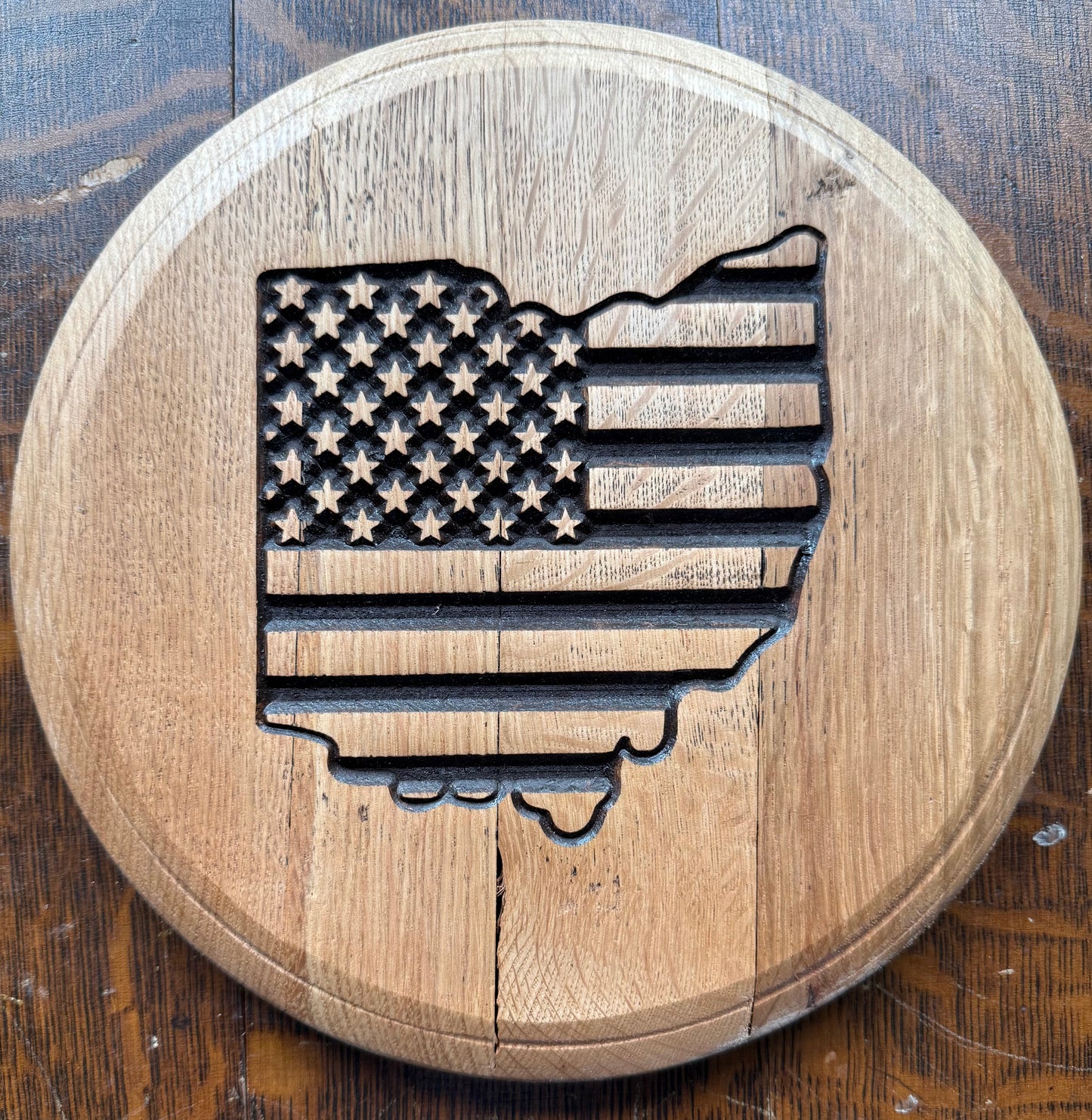10" / 5 gallon State of Ohio and US flag Barrel head
