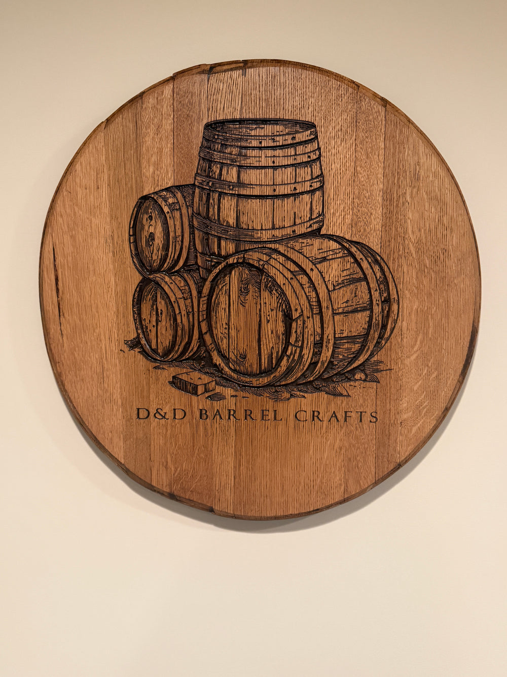 An example of a custom CNC-engraved barrel head by D & D Barrel Crafts