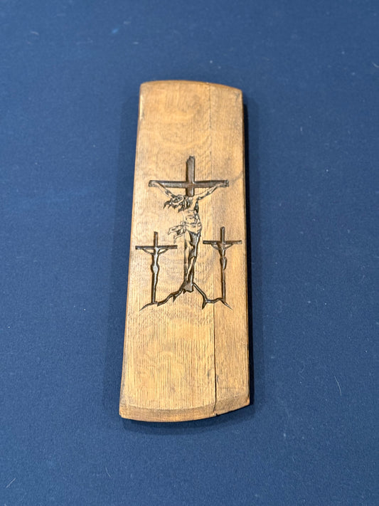 Crucifixion with two thieveson 1/4 Bourbon Barrel Head