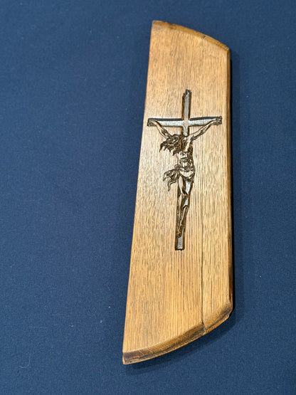Christ on the cross on 1/4 bourbon barrel head