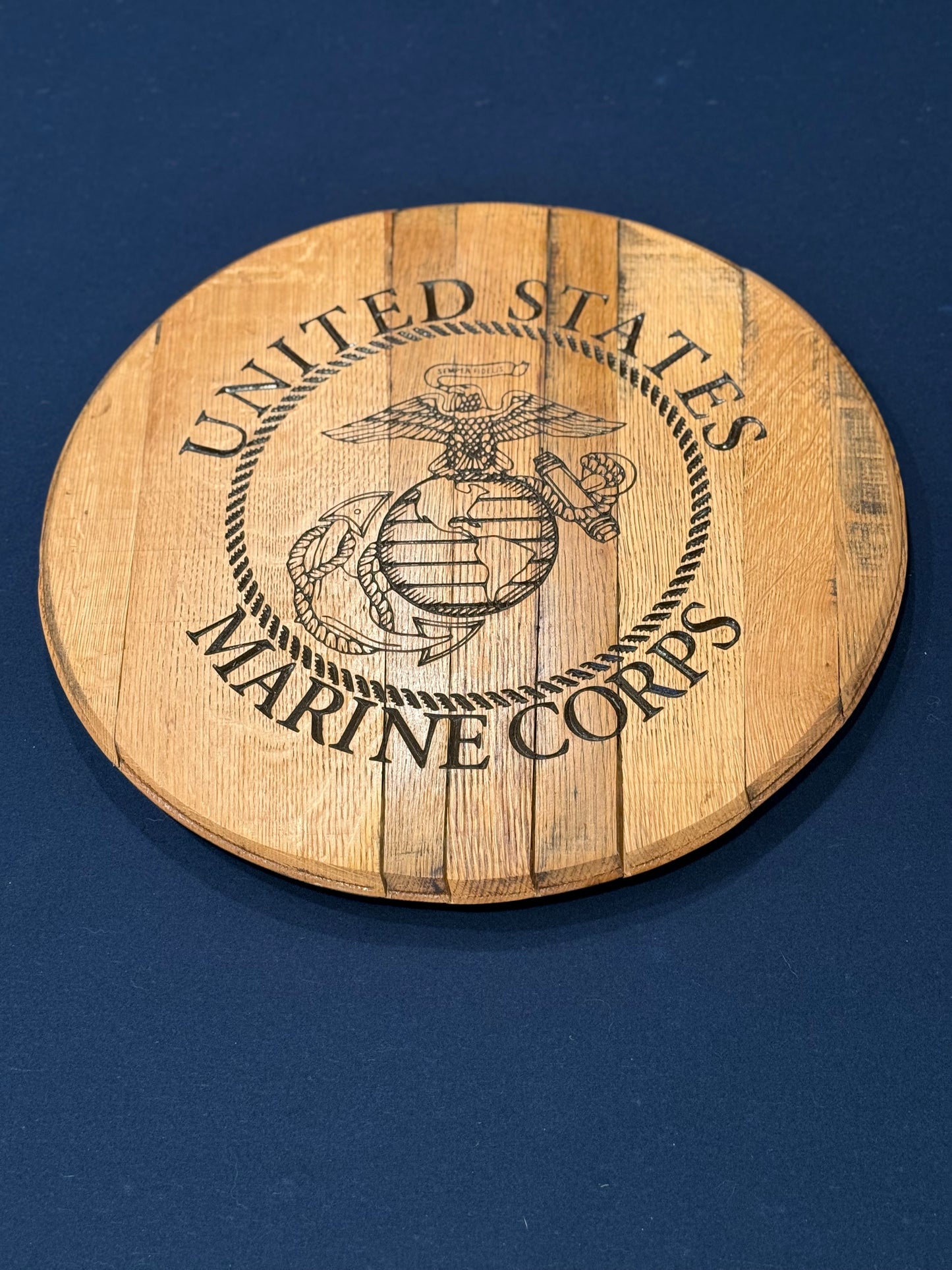 Bourbon Barrel lid with "United States" upper rocker, "Marine Corps" lower rocker, and the Corps emblem in center