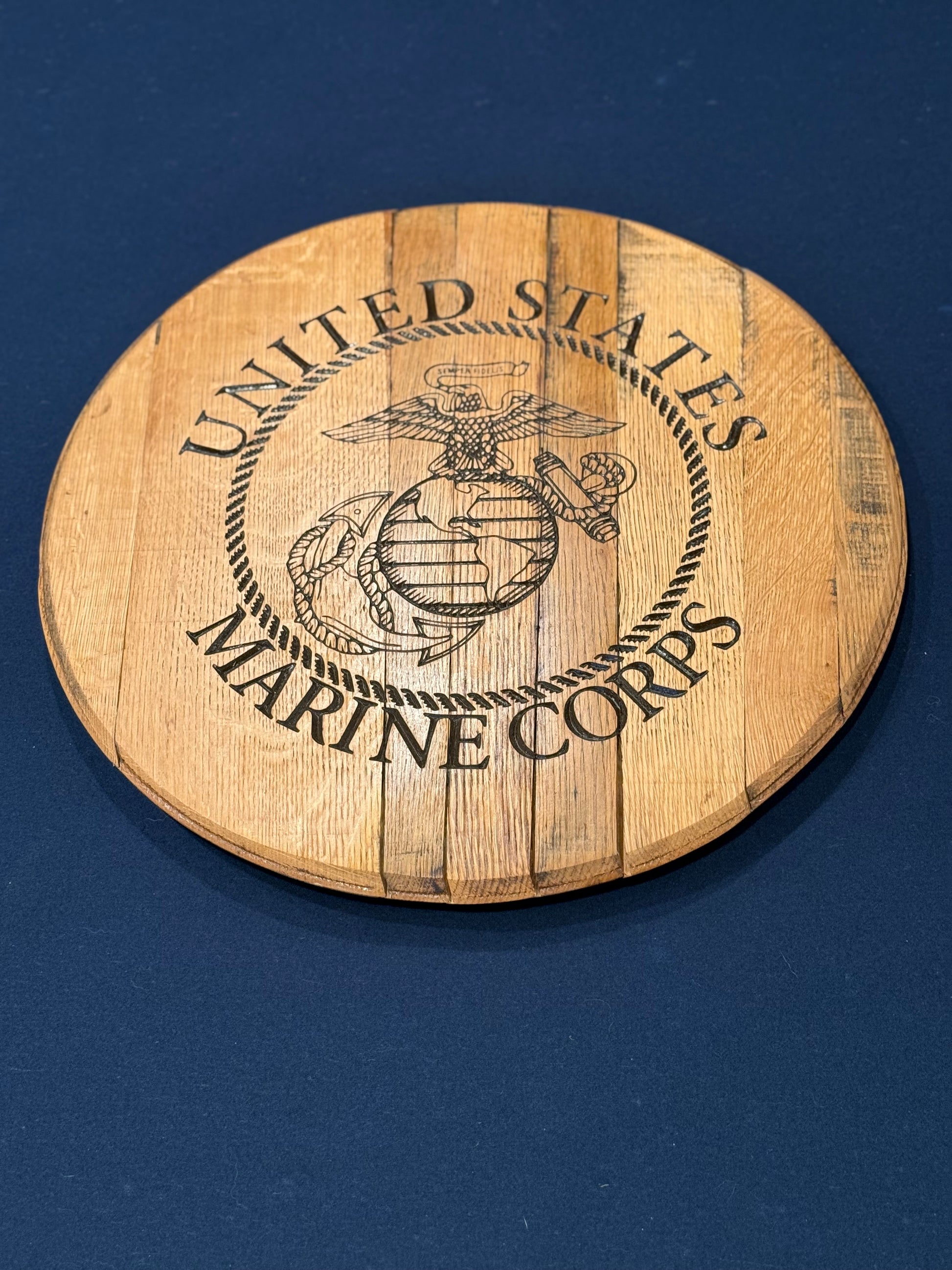 Bourbon Barrel lid with "United States" upper rocker, "Marine Corps" lower rocker, and the Corps emblem in center