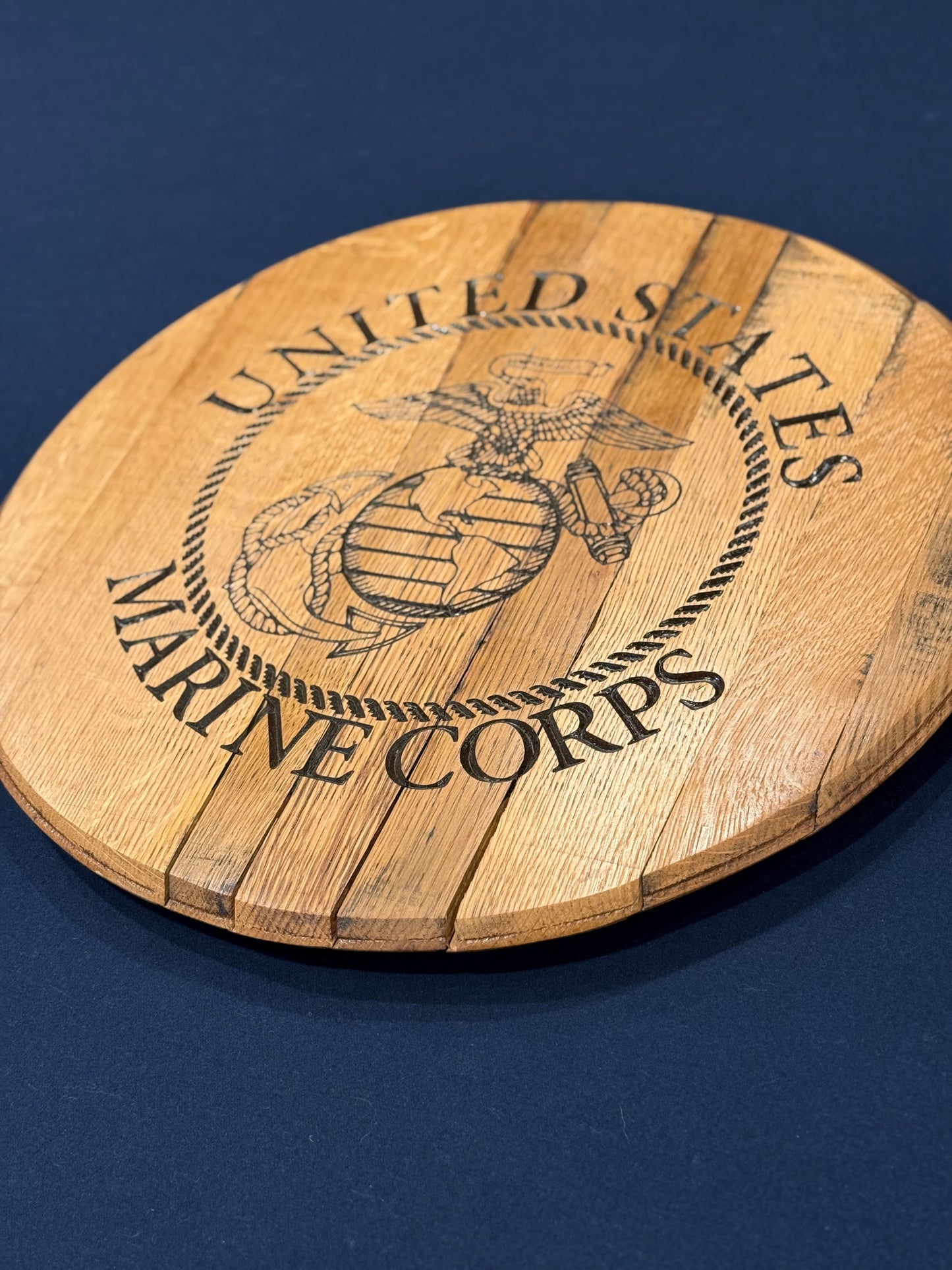 Bourbon Barrel lid with "United States" upper rocker, "Marine Corps" lower rocker, and the Corps emblem in center