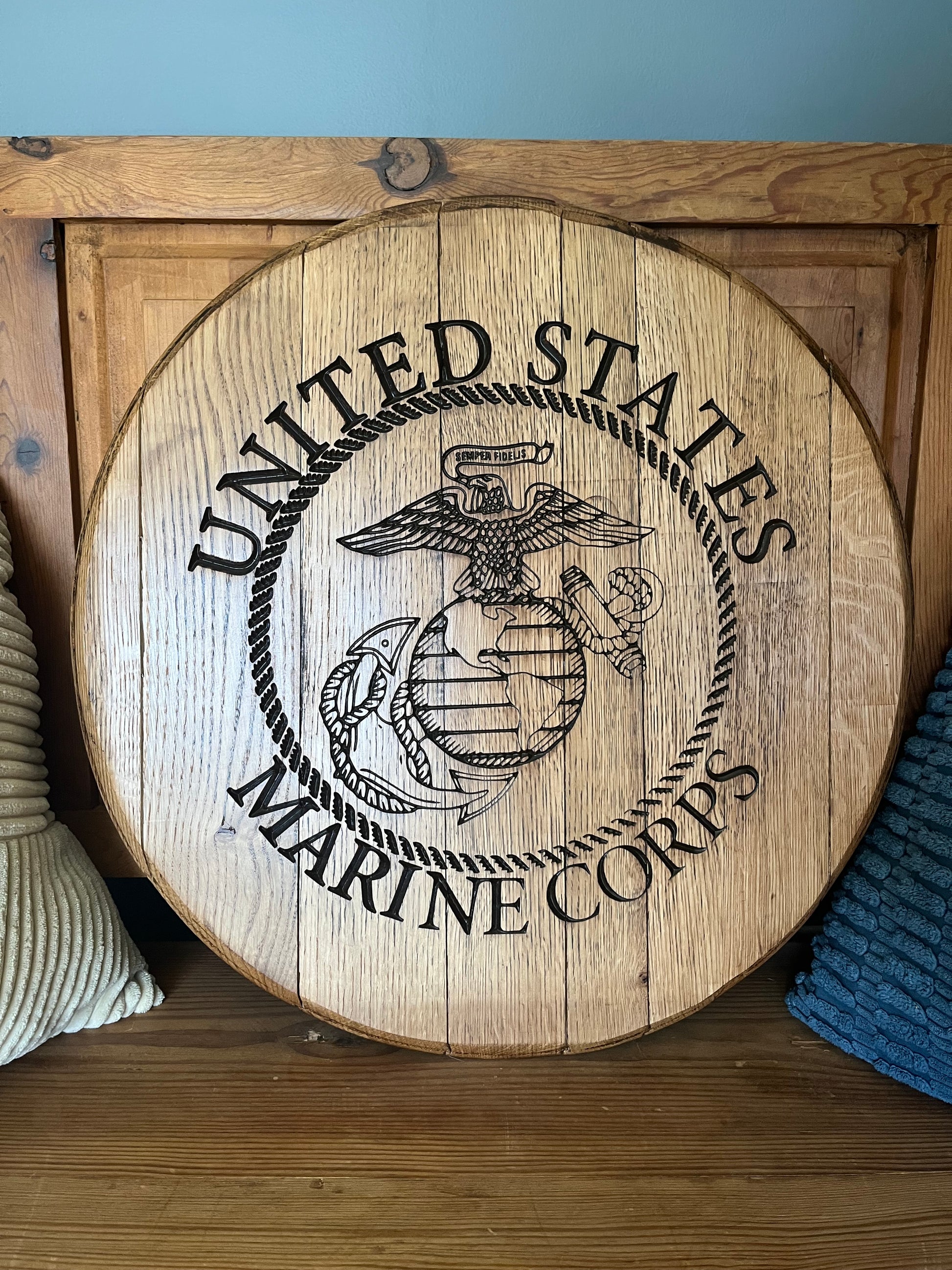 Bourbon Barrel lid with "United States" upper rocker, "Marine Corps" lower rocker, and the Corps emblem in center