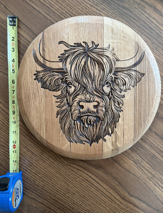 Highland cow on 13.5" Diameter Bourbon Barrel head