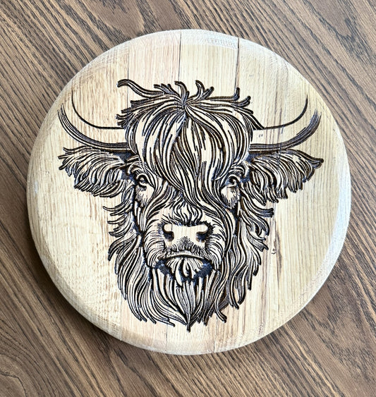 Highland cow on 13.5" Diameter Bourbon Barrel head